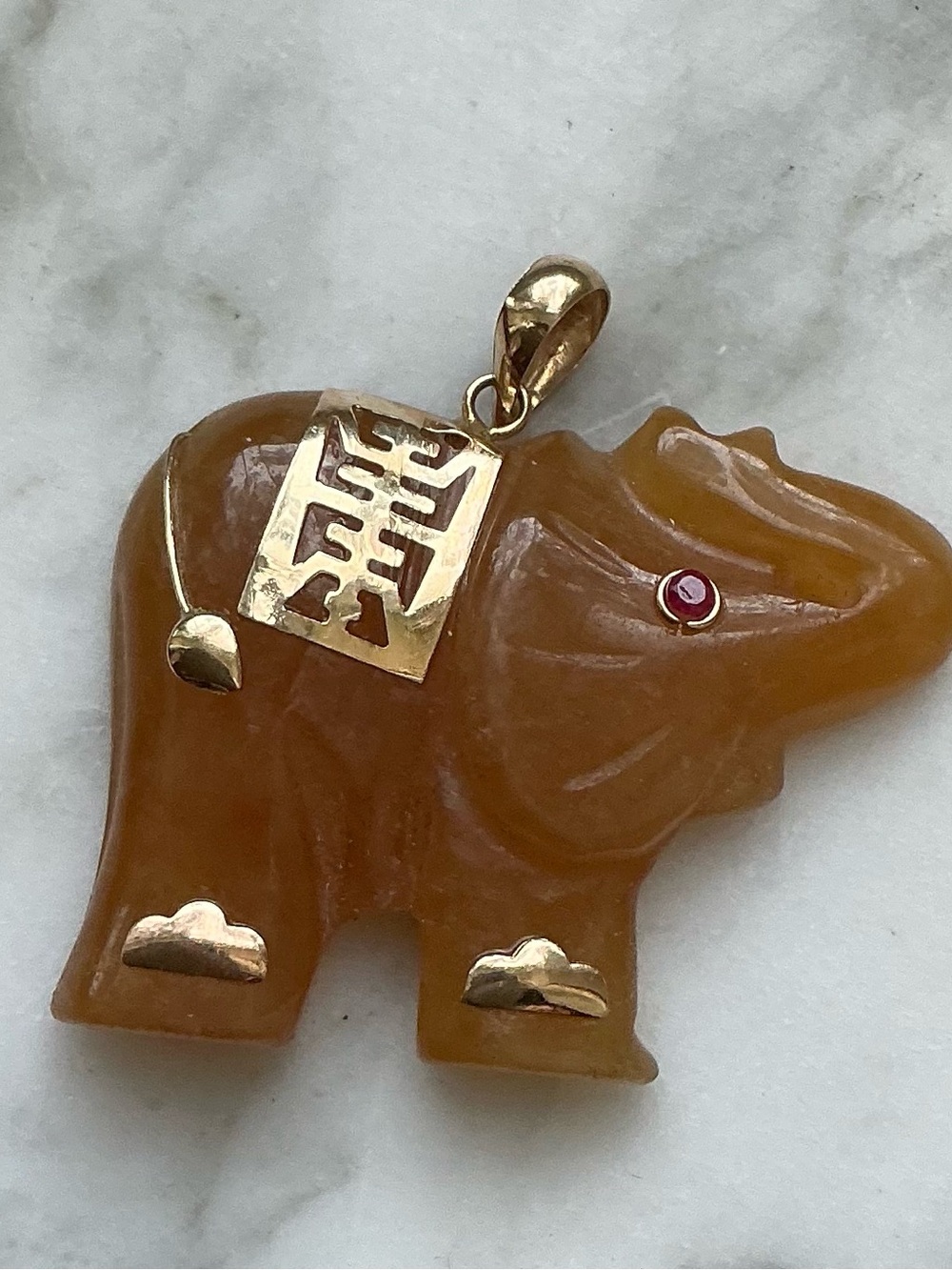 Vintage Gold Amber Jade Elephant Pendant with Ruby Accent